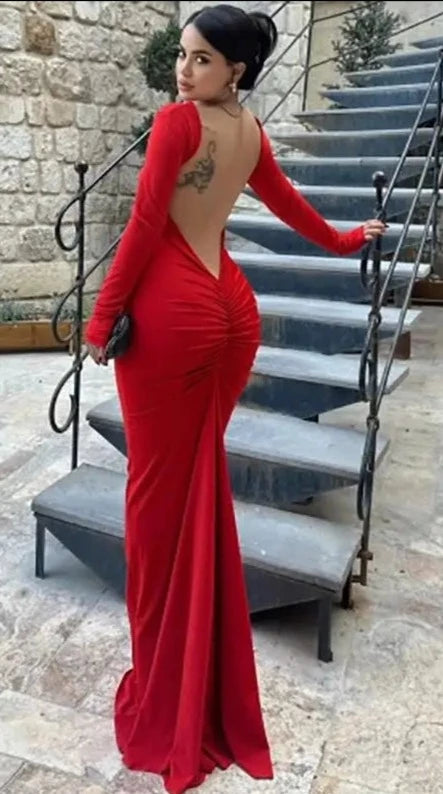 Elegant Ruched Maxi Dress Women Fashion Backless Long Sleeve Body-Shaping Robe 2024 Spring Sexy Party Dresses Vestidos