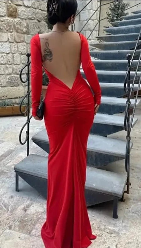 Elegant Ruched Maxi Dress Women Fashion Backless Long Sleeve Body-Shaping Robe 2024 Spring Sexy Party Dresses Vestidos