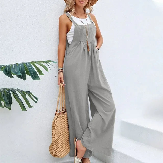 Vintage Cotton Linen Jumpsuit Women 2023 Casual Solid Button Wide Leg Suspender Pants with Pockets Summer Loose Overalls Rompers